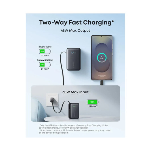 Anker Nano Power Bank 10K - 45W - Built-In Retractable USB-C Cable - Black