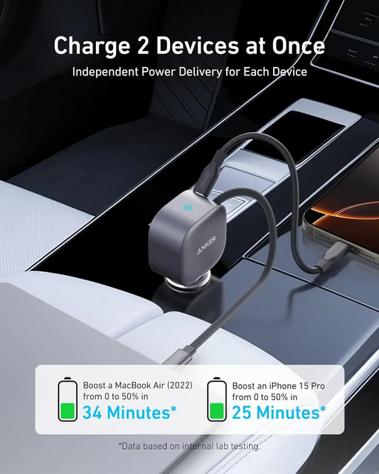 Anker Nano Car Charger (75W, USB-C Port, Built-in Retractable USB-C Cable) - Silver