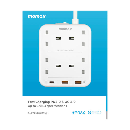 Momax - ONEPLUG 4-Outlet Power Strip With USB (PD 20W 2A 1C) - White