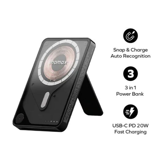 Momax - 1-Power X Pro Magnetic Wireless Battery Pack (5000mAh) With Stand and Built-in USB-C Cable - (Black)