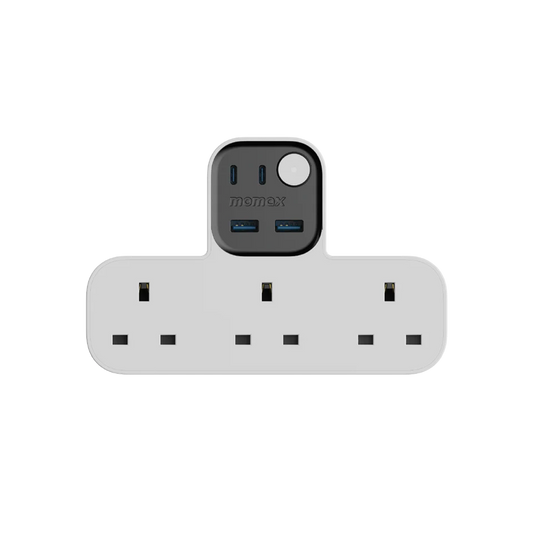 Momax 1-Charge Work Flow T-shaped Extention 3 Socket with 2 USB type A + 2 USB Type C - White
