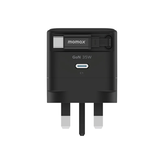 Momax 1-Charge+1-Port GaN 35W Charger With Retractable USB-C Cable - Black