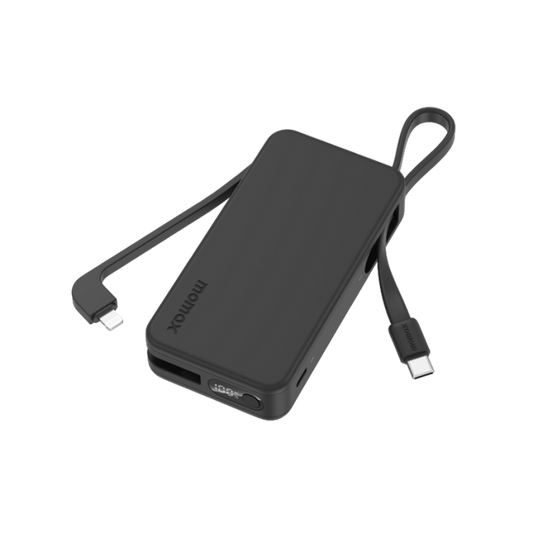 Momax 1-Power Vital+ 10000mAh Battery Pack with Built-in USB-C and Lightning Cable - Black