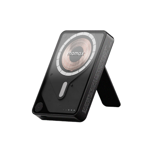 موماكس 1-باور إكس برو+ بطارية مغناطيسية للشحن اللاسلكي (10000مللي امبير) مع حامل وكابل يو اس بي -سي مدمج - أسود