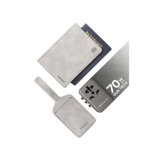 Momax Bundle Set (UA8A+SR32A+SR33A) Travel Adapter 70W Gan 5 ports + AC + Passport cover + Name Tag - Black