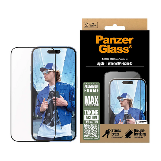 PanzerGlass® Screen Protector - 6.1 Inch - Ultra-Wide Fit for iPhone 15 | 16 - Aluminum Frame