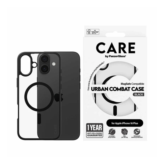 PanzerGlass® Care By Flagship Case Transparent Urban Combat Black Frame & MagSafe iPhone 16 Plus