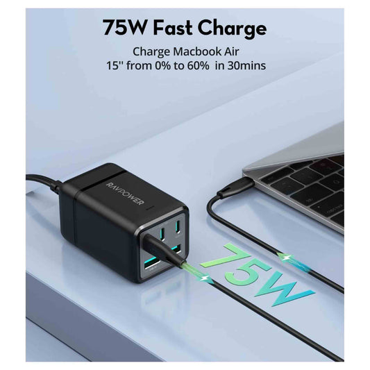 RAVPower 75W 5-Port Power Strip UK plug + Travel Charger Adapter - Black