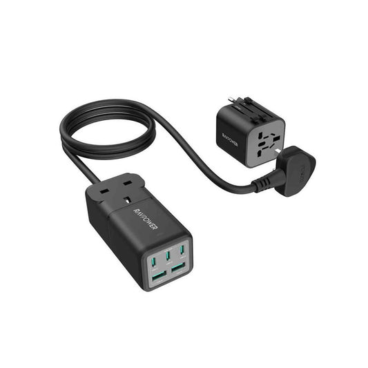 RAVPower 75W 5-Port Power Strip UK plug + Travel Charger Adapter - Black