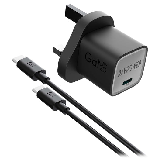 RAVPower PD20W Wall Charger + USB C to USB C Cable - RP-PC1057