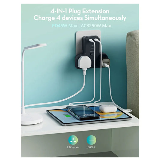RAVPower RP-PC1065 GaN 45W Power Outlet Extender with 2 AC Outlets & 2 USB C