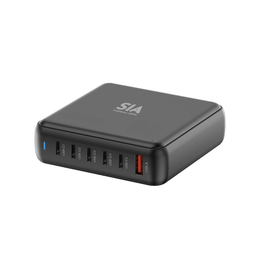 SIA Desktop Charger Gan PD/PPS/QC 200W With 5 Tpye-C Ports And 1 USB-A Port - Black - Uk