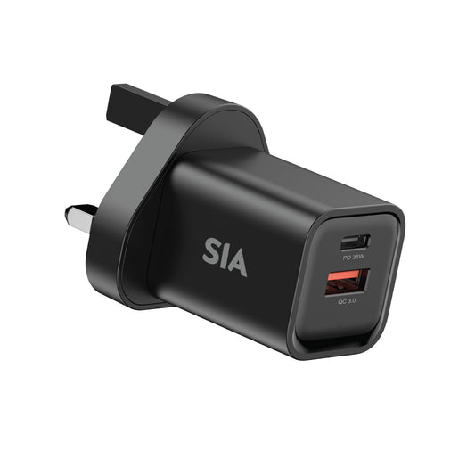 SIA Wall Charger Gan PD/PPS/QC 35W DUAL Ports A+C - Black-UK