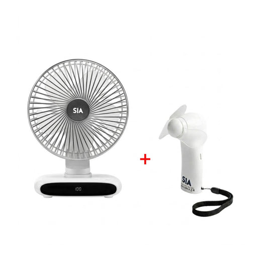 سيا مروحة سطح مكتب قابلة لإعادة الشحن 3600 مللي أمبير متذبذبة - ابيض + سيا مروحة ليد مجانية