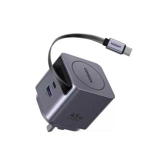 UGREEN 45W GaN Fast Charger With Retractable Cable - 2-Port - Space Gray