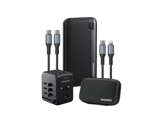 RockRose Universal Charger + Power Bank + C To C Cable + C To Lightning + Pouch Bundle