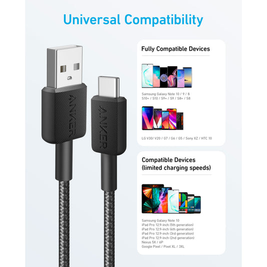 Anker 322 USB-A to USB-C Cable - Braided 0.9m/3ft - Black