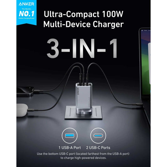 Anker Prime Charger (100W, 3 Ports, GaN) -Silver