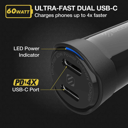 [CPDCC60-SP] Scosche Powervolt 60W Certified Dual Usb Type-C + Type-C Fast Car Charger Power Delivery 3.0 With Pps For All Smartphones Usb-C Devices - Black