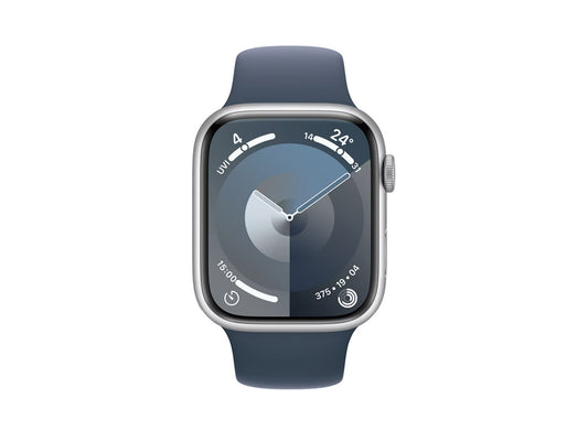  أبل ساعة سيريز9 جي بي إس - هيكل من الألومنيوم باللون الفضي - مقاس 45 ملم - مع حزام رياضي باللون الأزرق العاصف - لارج/ميديم