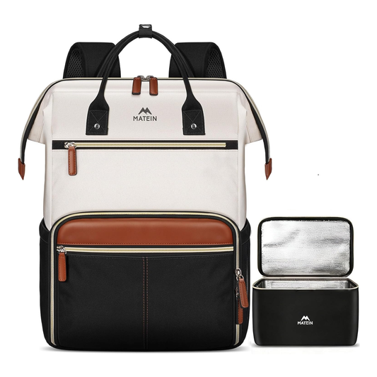 Matein Laptop BackPack With Lunch Box - Water Resistant Polyester - Black \ White \ Brown