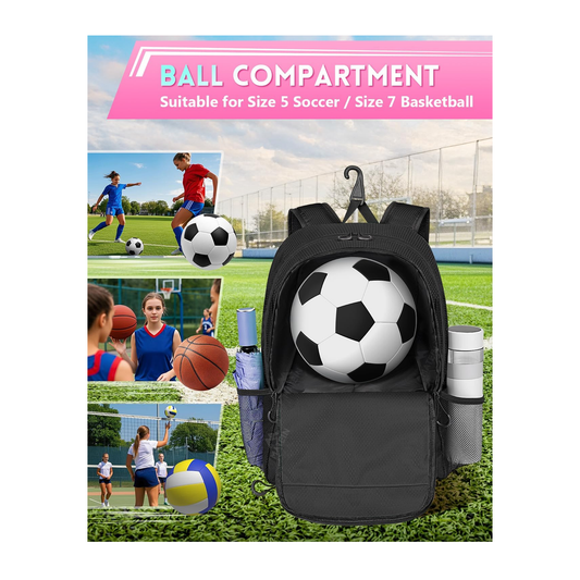 Matein Youth Soccer Backpack - Water Resistant Polyester - Black