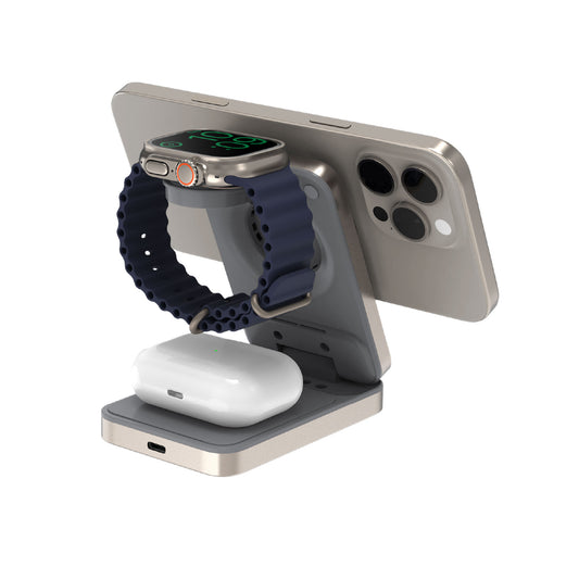 Momax - 1-Charge Q.Port Qi2 3-in-1 Magnetic Wireless Charging Stand - (Titanium)