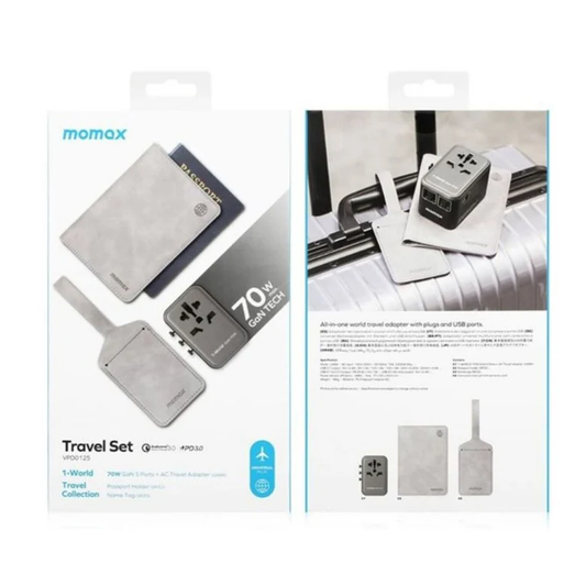 Momax Bundle Set (UA8A+SR32A+SR33A) Travel Adapter 70W Gan 5 ports + AC + Passport cover + Name Tag - Black