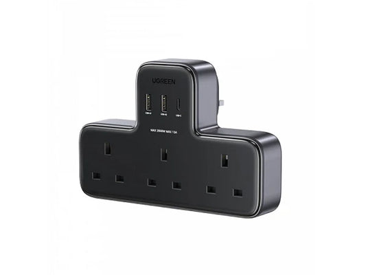 UGREEN 6 In 1 Plug Adapter 3 Way With 2 USB-A & 1 USB-C 30W - Black