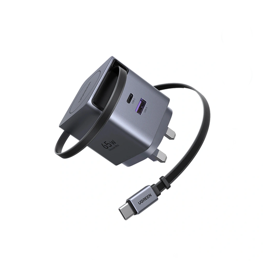 UGREEN 65W GaN Fast Charger With Retractable Cable - 2-Port - Space Gray