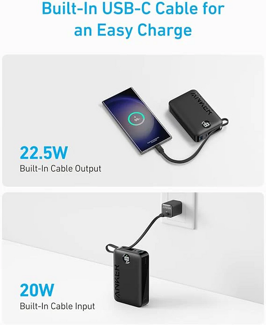 Anker Power Bank (20,000mAh, 22.5W, Built-In USB-C Cable) - Black