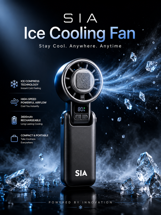 SIA Handheld High Speed Cold Cooling Ice Compress Rechargable Fan 3600mAh - Black + Free SIA LED Fan