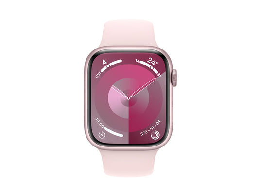 أبل ساعة سيريز9 جي بي اس - 45 ملم - هيكل من الألومنيوم باللون الوردي مع حزام رياضي باللون الوردي الفاتح - مقاس ميديم/لارج